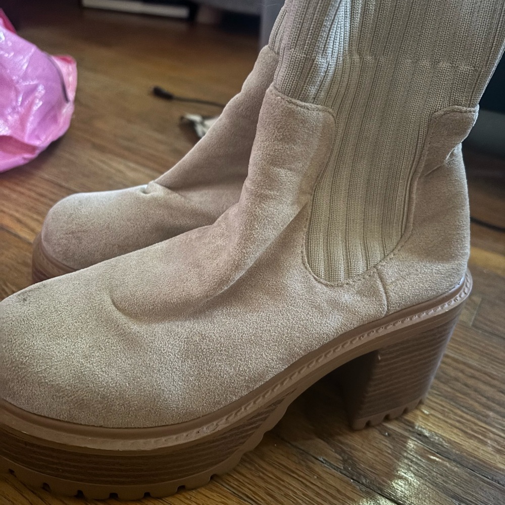 Beige Suede Platform Ankle Boots